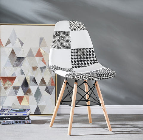 Chrono Patchwork Eiffel Dining Chairs with Padded Fabric Seat - Black and White