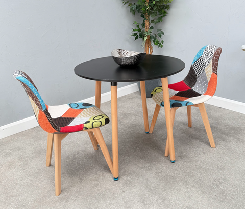 Scandi Round Dining Table  with 2 Multi Colour patch chair Dining Chairs