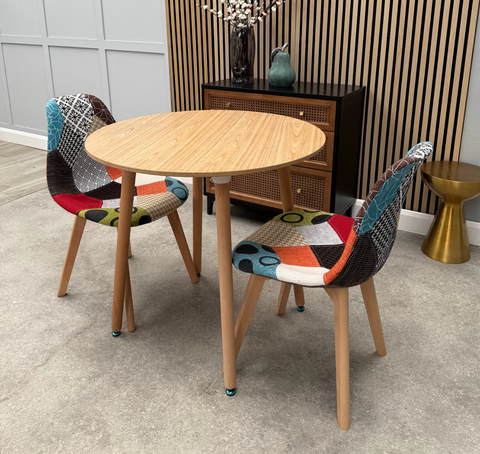 Scandi Round Dining Table  with 2 Multi Colour patch chair Dining Chairs
