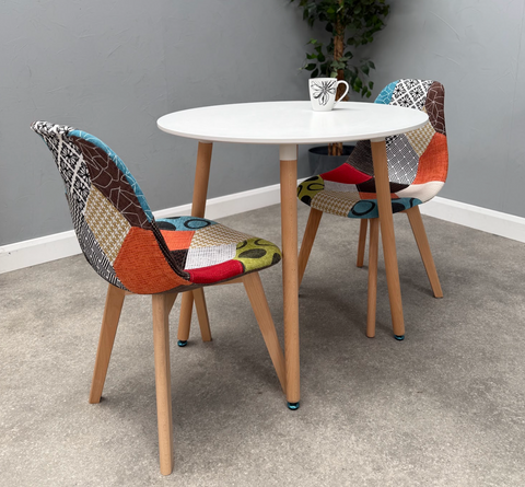 Scandi Round Dining Table  with 2 Multi Colour patch chair Dining Chairs
