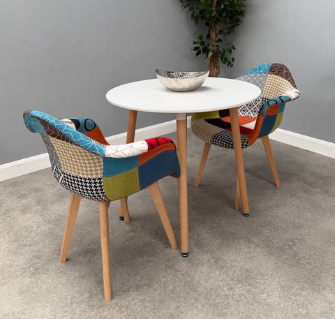 Scandi Round Dining Table  with 2 Multi Colour patch chair Dining Chairs