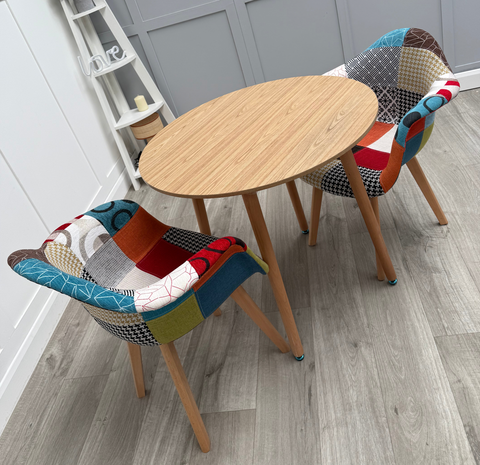 Scandi Round Dining Table  with 2 Multi Colour patch chair Dining Chairs
