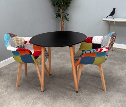 Scandi Round Dining Table  with 2 Multi Colour patch chair Dining Chairs